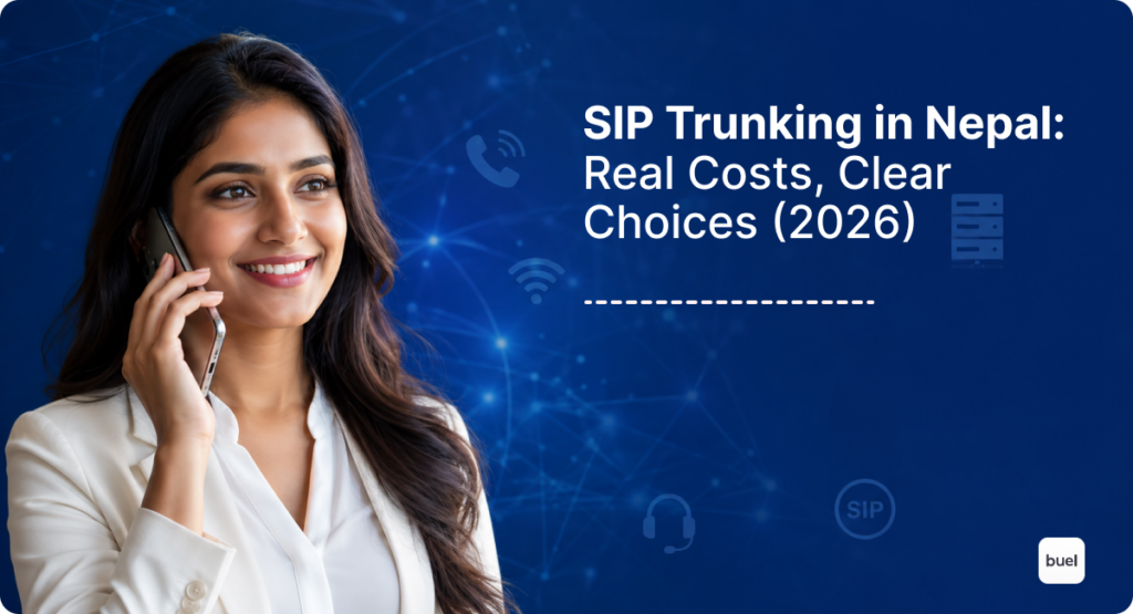 Business office phone system showing SIP trunking setup with IP phones, PBX routing, and NTC and Ncell business connectivity in Nepal